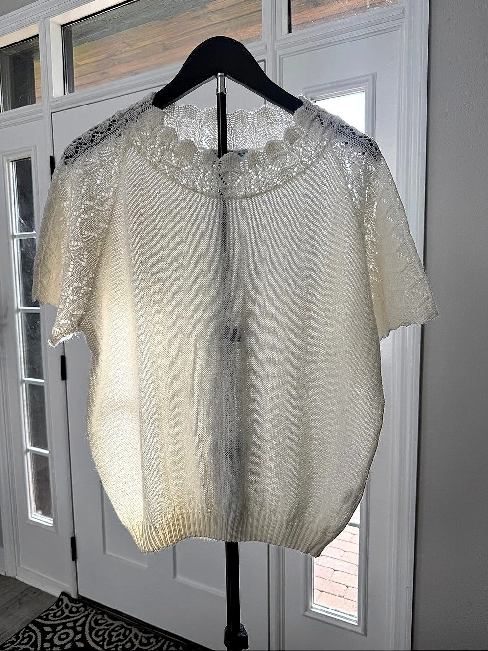 Haband! Cottagecore Scalloped Lace Knit Short Sleeve Sweater White